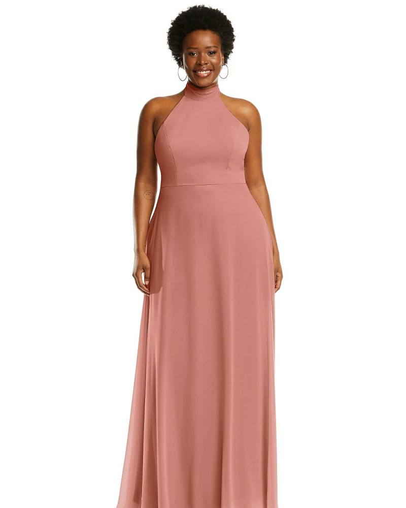 Front of a model wearing a size 24W High Neck Halter Backless Maxi Dress in Desert Rose by After Six. | dia_product_style_image_id:266975